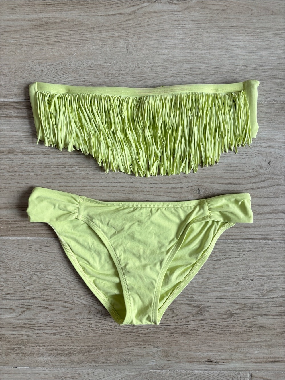 L*Space Dolly Fringe Bandeau Bikini Two Piece Swimsuit in Citrus Lime Green
